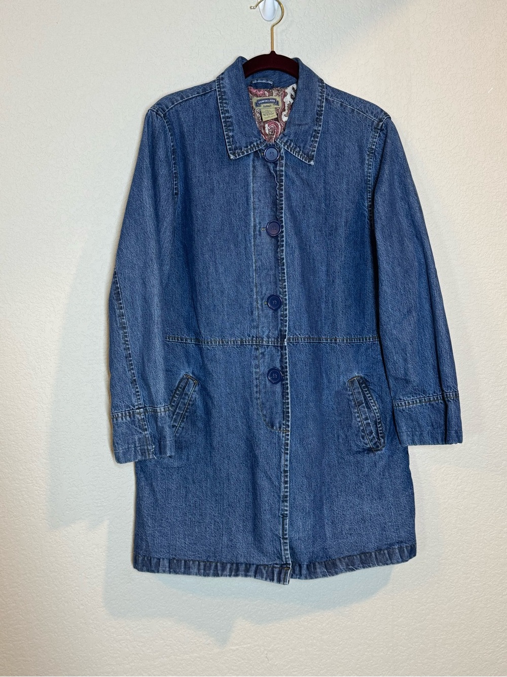 Y2K 90’s Denim Coat L Paisley Lined Long Jean Jacket Vintage boho western
